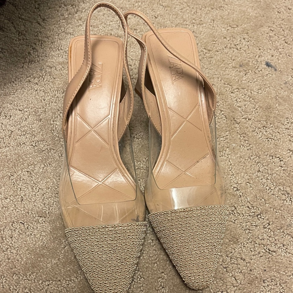 Zara Women's Beige and Clear Slingback Heels